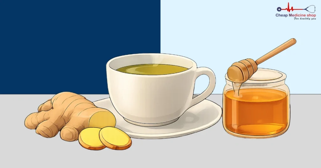 Show a cup of green/no-milk tea with ginger and honey on the side