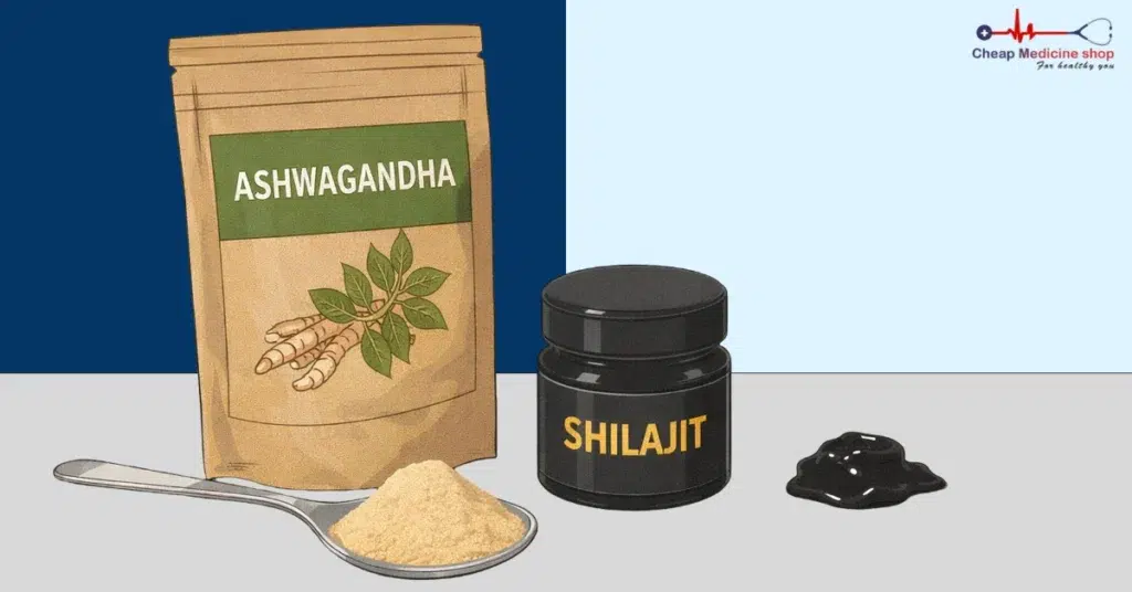 Herbal supplement setup with ashwagandha powder and shilajit