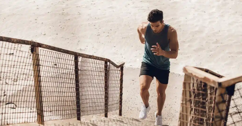 A man running up the stairs
