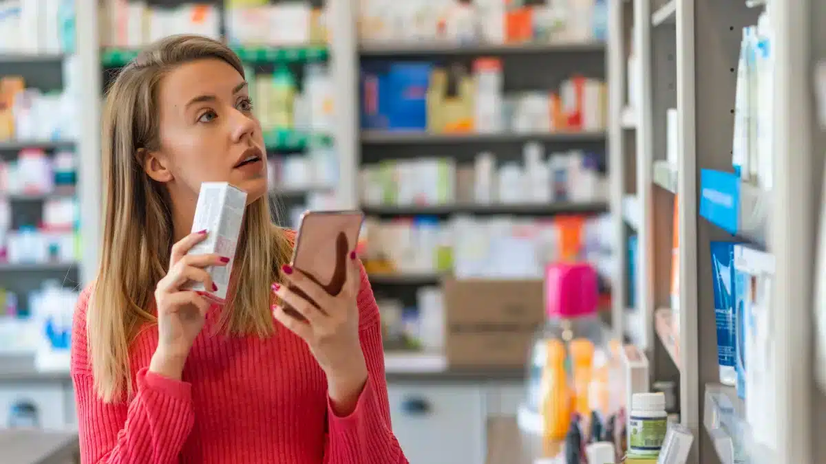 A woman searching for a medicine in a pharmacy