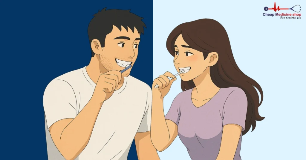 Couple brushing teeth together daily