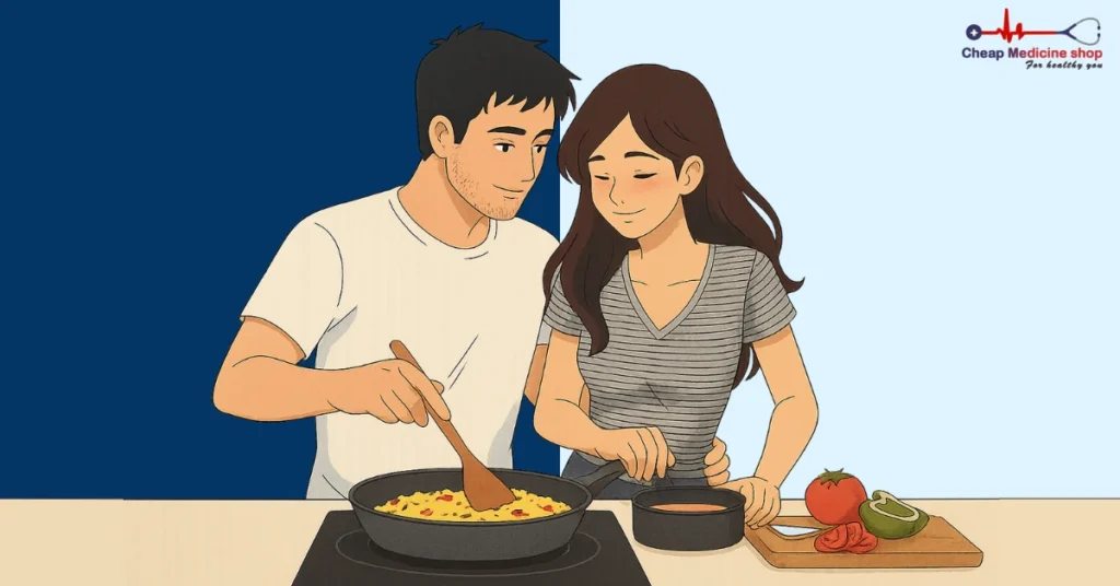 Couple cooking together to build connection