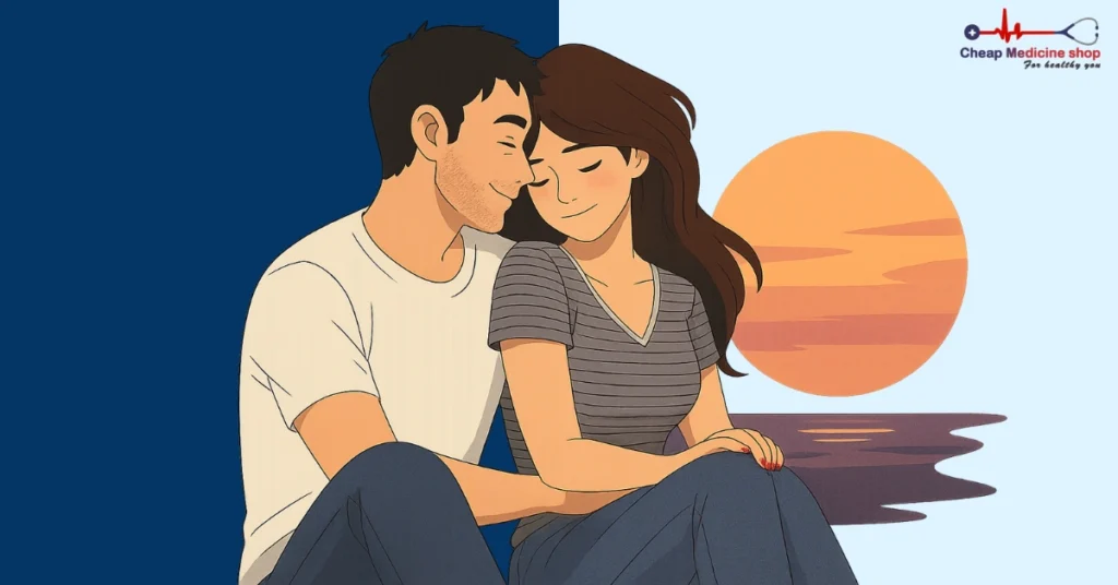 Couple sitting close at sunset bonding