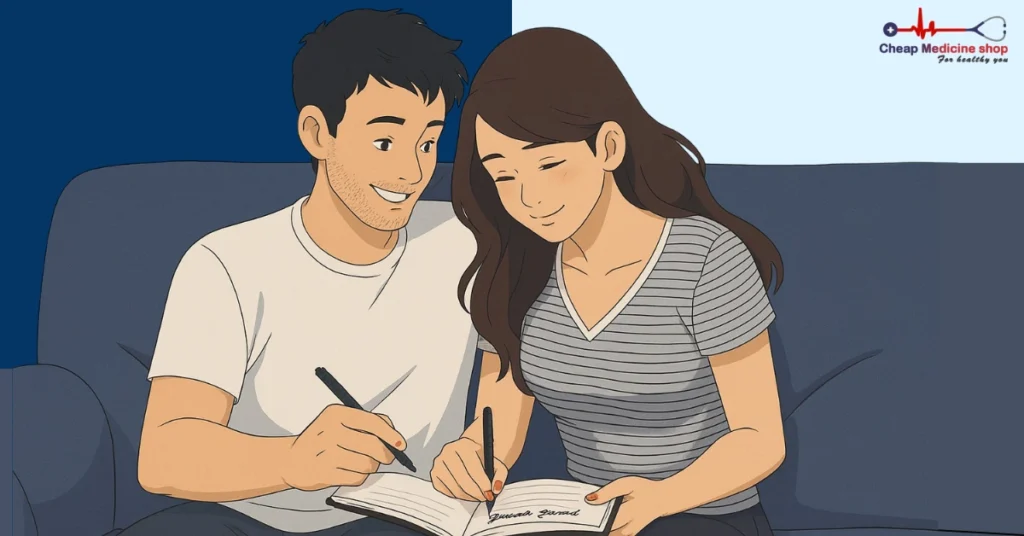 Couple writing in gratitude journal together