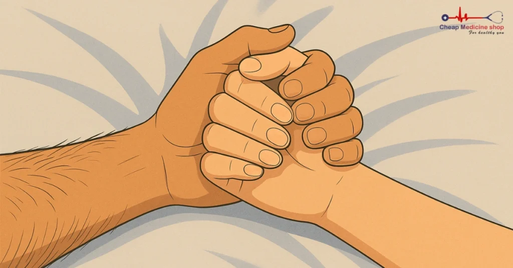 Intertwined hands on bed symbolizing trust
