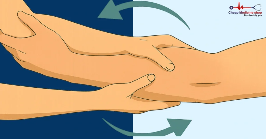 Hands gently guiding arm with directional arrows