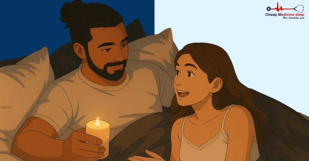 Sketch of couple holding eye contact in bed