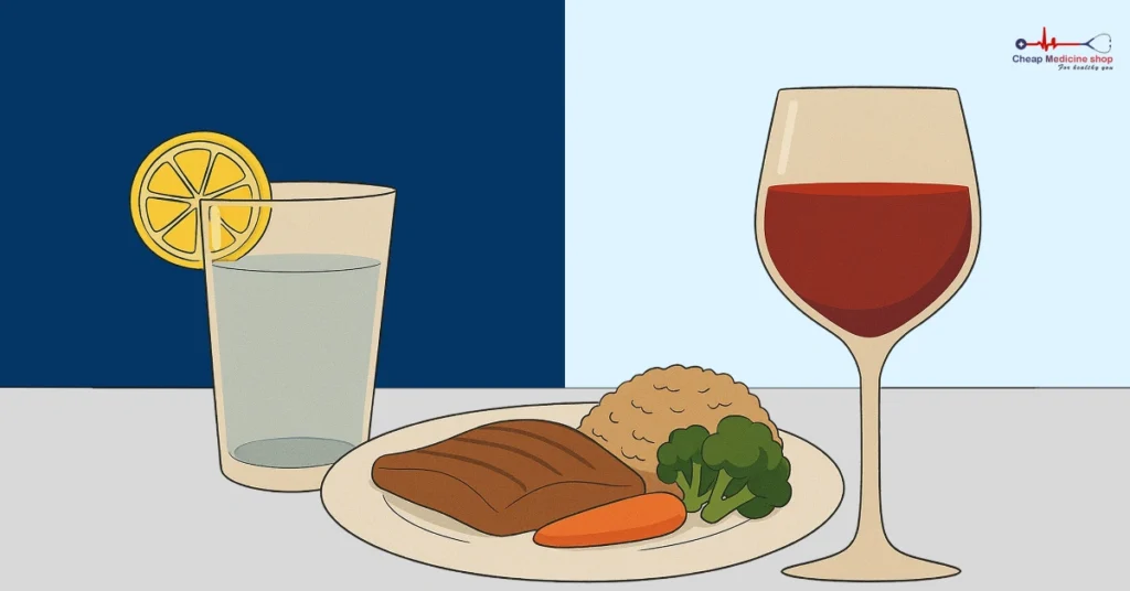 Wine, lemon water, and balanced dinner plate