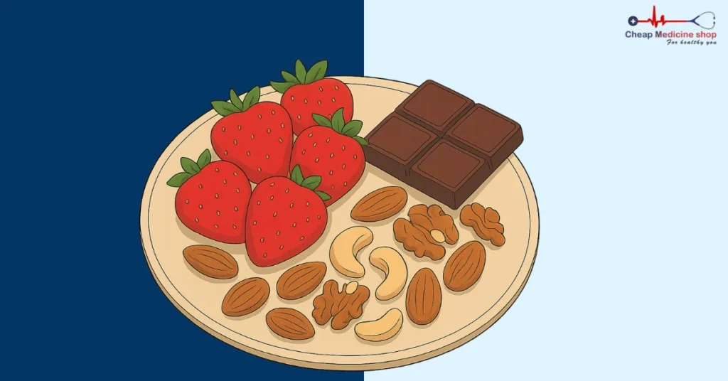 Balanced snack of strawberries, nuts, and chocolate to boost stamina and vitality