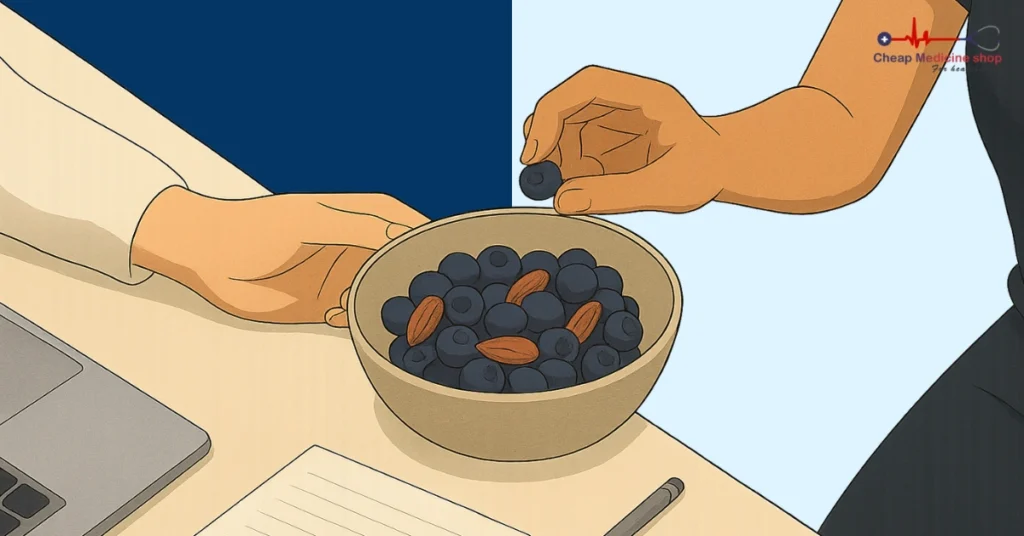 Two people reaching for a bowl of blueberries and nuts for better performance
