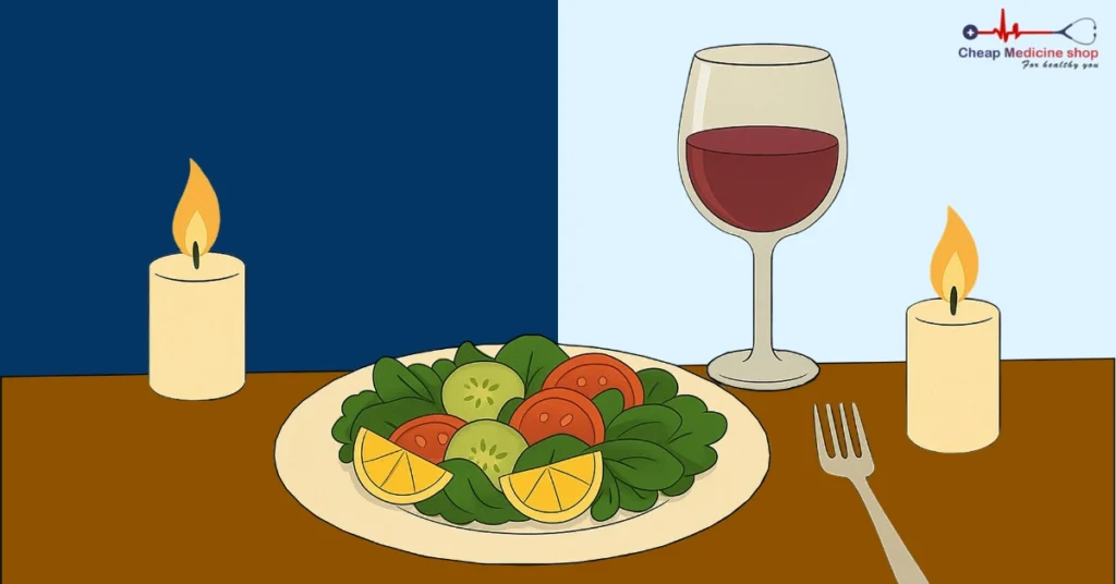 light dinner with salad and wine for all-day energy and better performance in bed