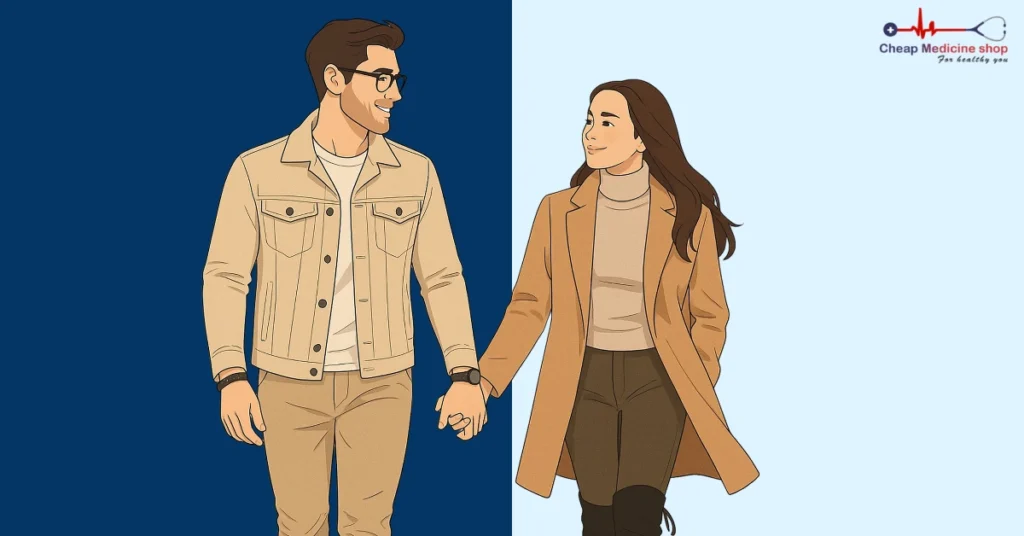 Couple walking hand in hand and discussing about erectile health
