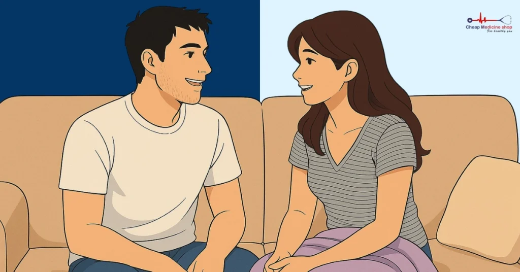 Couple sitting and talking openly in a relaxed setting