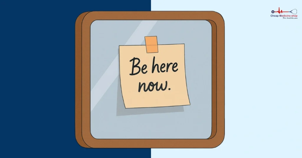 Sticky note on mirror with “Be here now” message