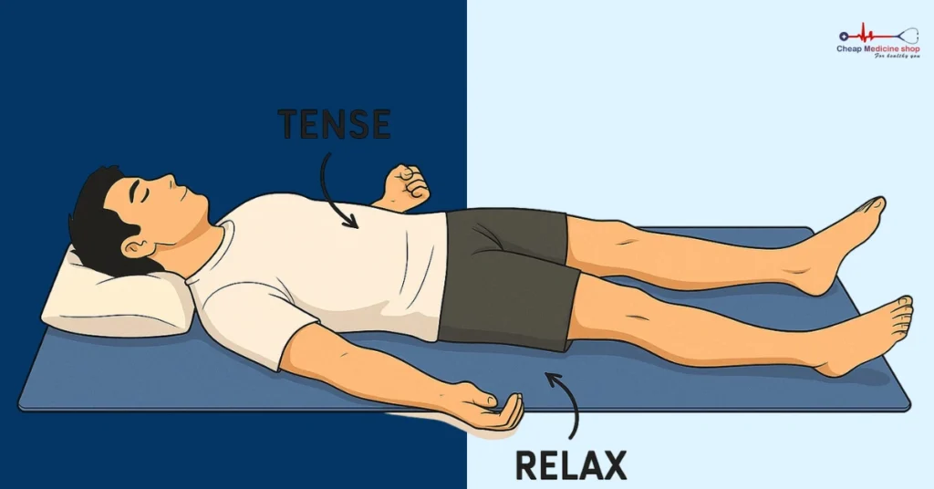 Person on yoga mat practicing progressive muscle relaxation