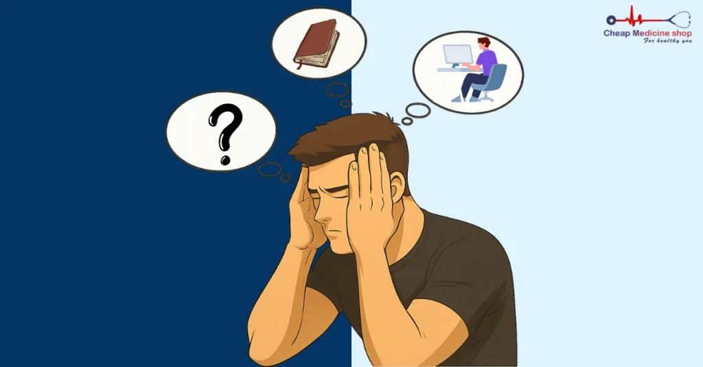 Man stressed with floating thought bubbles