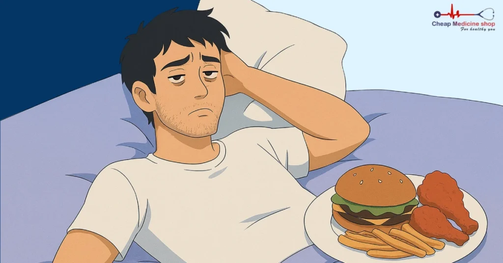 Fatigued man resting beside unhealthy meal