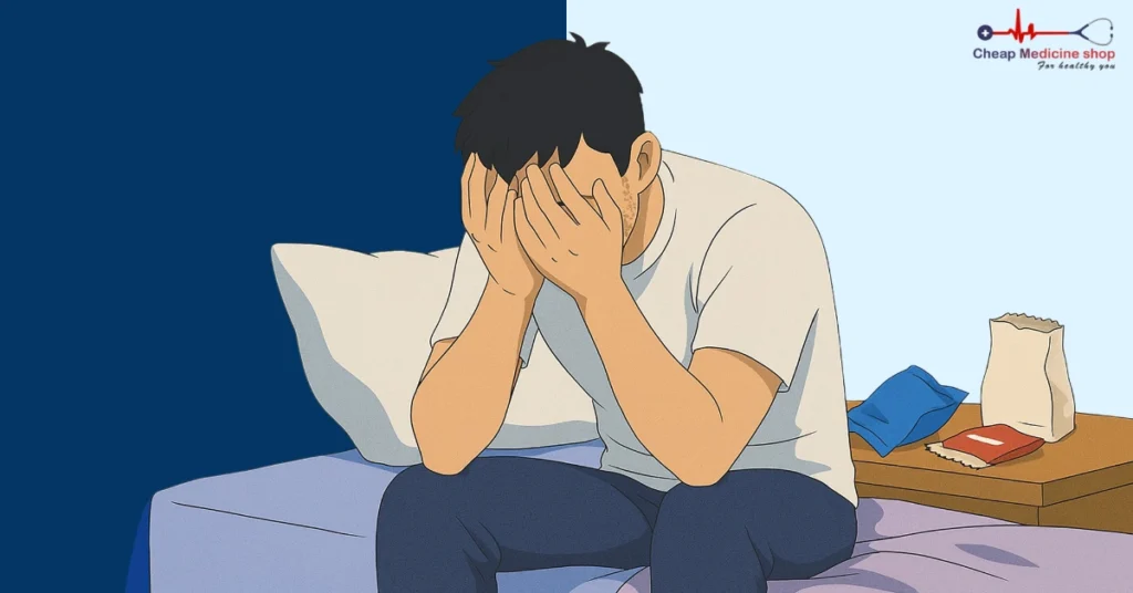 Stressed man in room with unhealthy snacks