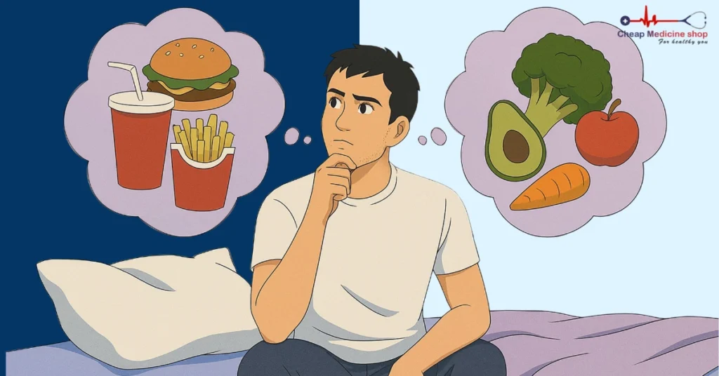 man with junk food vs. veggies