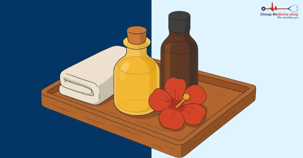 Wooden tray with massage oils prepared for a sensual couples massage