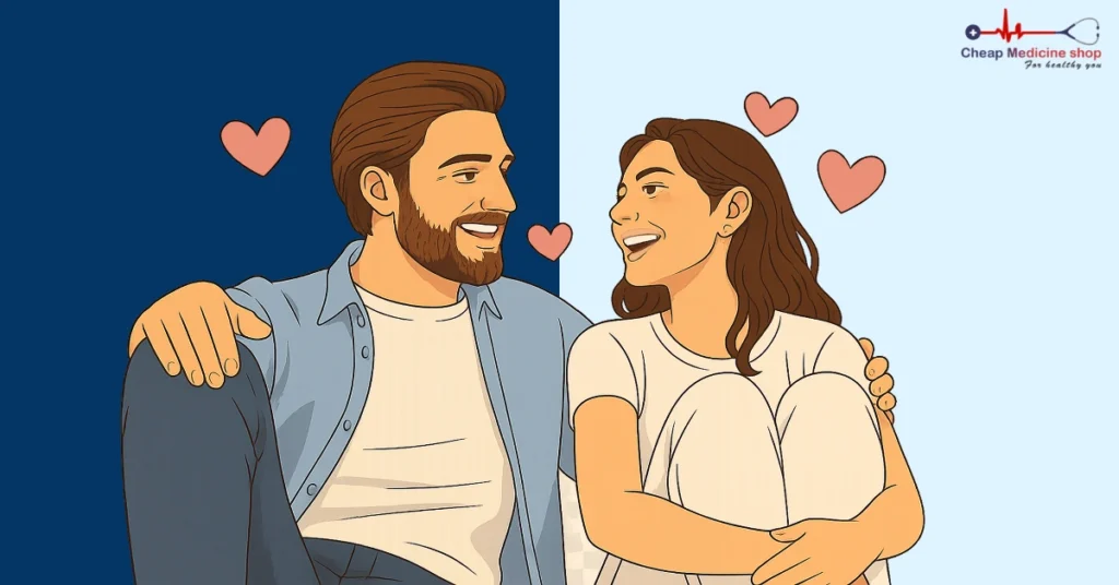 A man smiling warmly while watching his partner laugh with joy