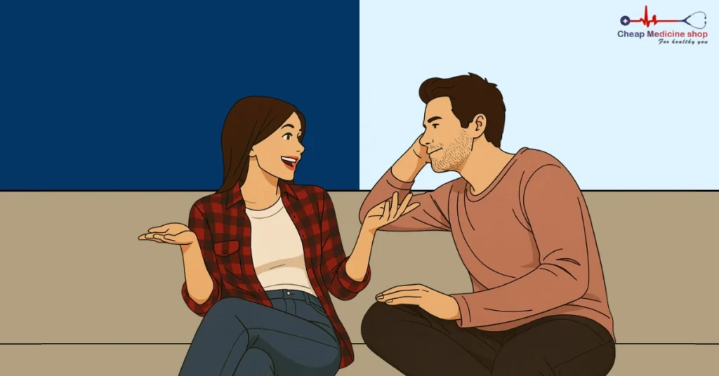 Partners in a calm space, having an open and respectful conversation