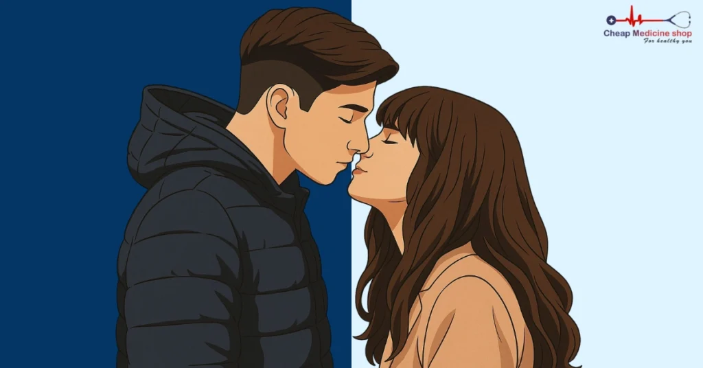 Couple kissing passionately as part of foreplay
