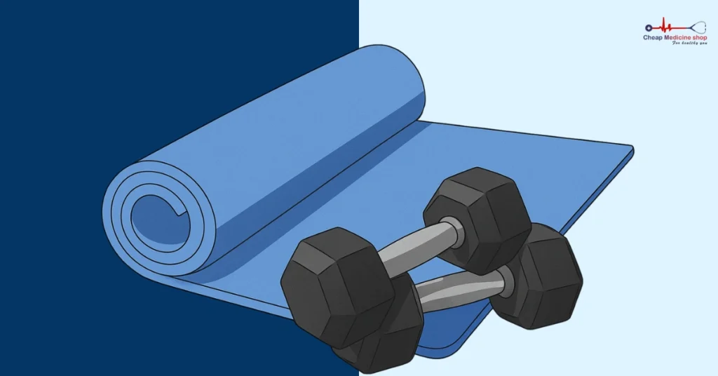 Dumbbells and yoga mat for strength training