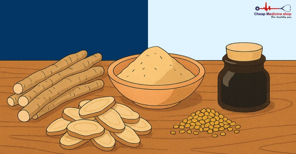Ashwagandha roots, ginseng, maca powder, fenugreek, and Shilajit resin as natural remedies for better erections