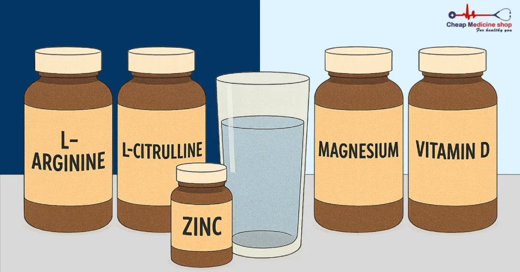 L-arginine, L-citrulline, Zinc, Magnesium, and Vitamin D for erection support