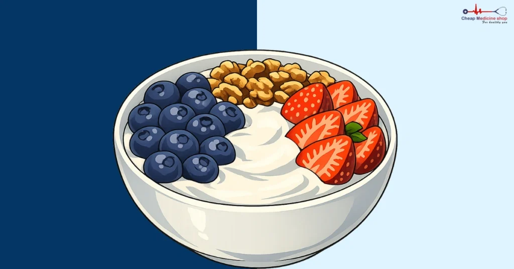 Yogurt bowl topped with blueberries, strawberries, and walnuts