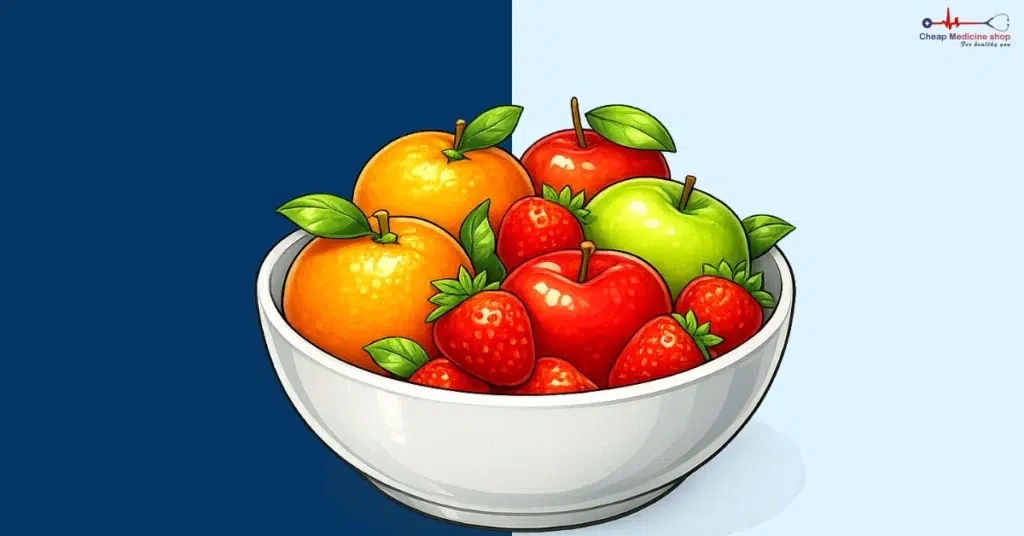 Bowl of oranges, apples, and strawberries rich in flavonoids