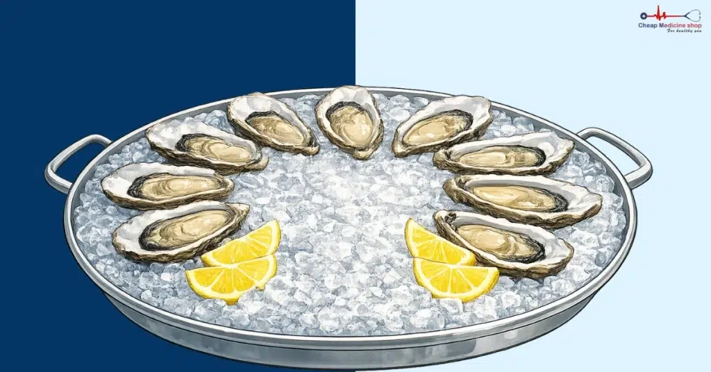Tray of fresh oysters on ice with lemon slices