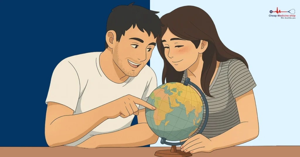 Couple planning travel together with globe