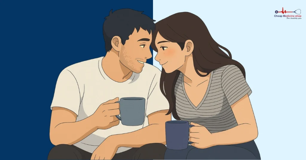 Couple talking on porch with coffee