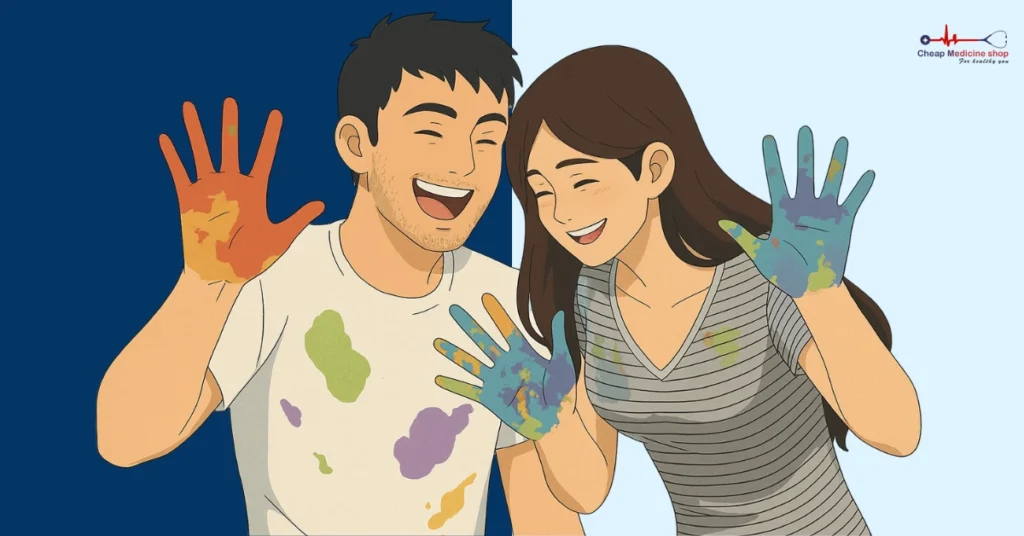 Playful couple with paint-covered hands
