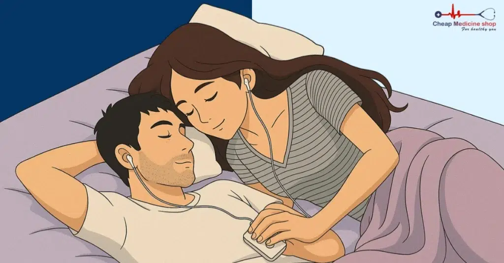 Partners sharing headphones and enjoying music together