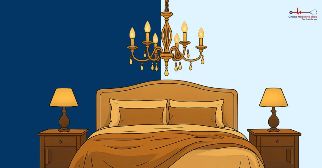 Softly glowing chandelier above romantic bed