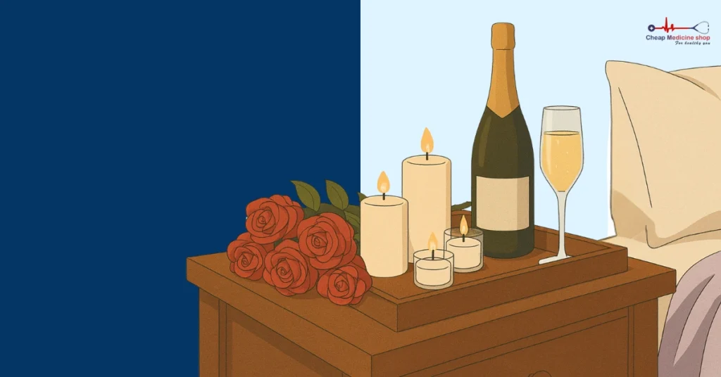 Tray with roses, candles, and champagne on bedside table