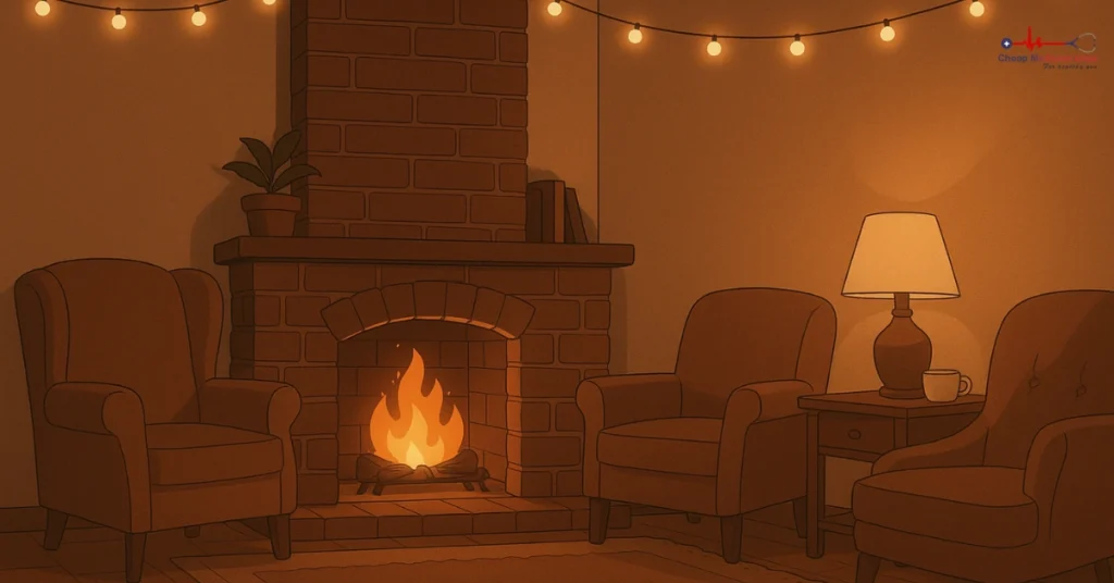 Cozy bedroom corner with fireplace and plush chairs