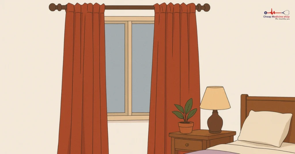 Bedroom corner with elegant red floor-length curtains
