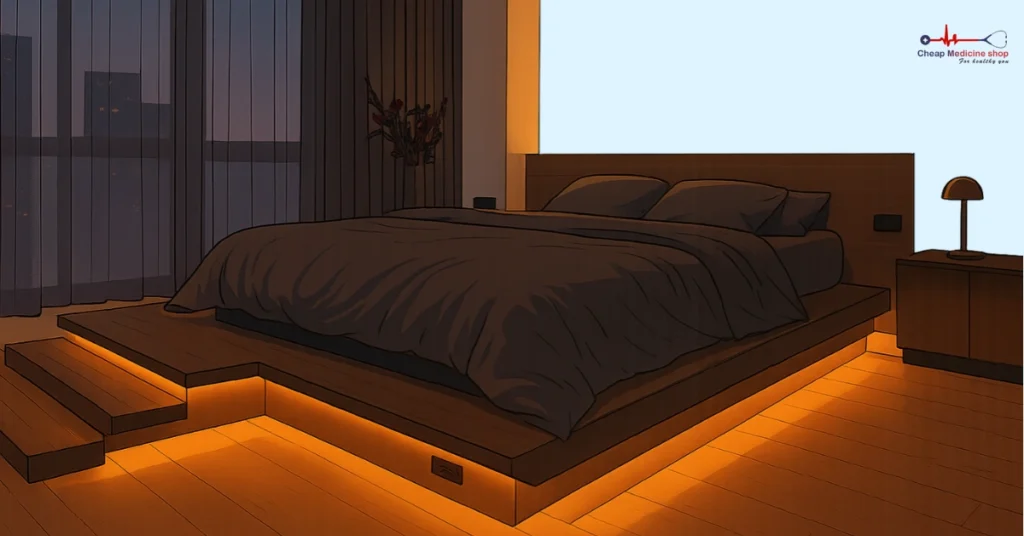 Modern floating bed with soft under-bed lighting