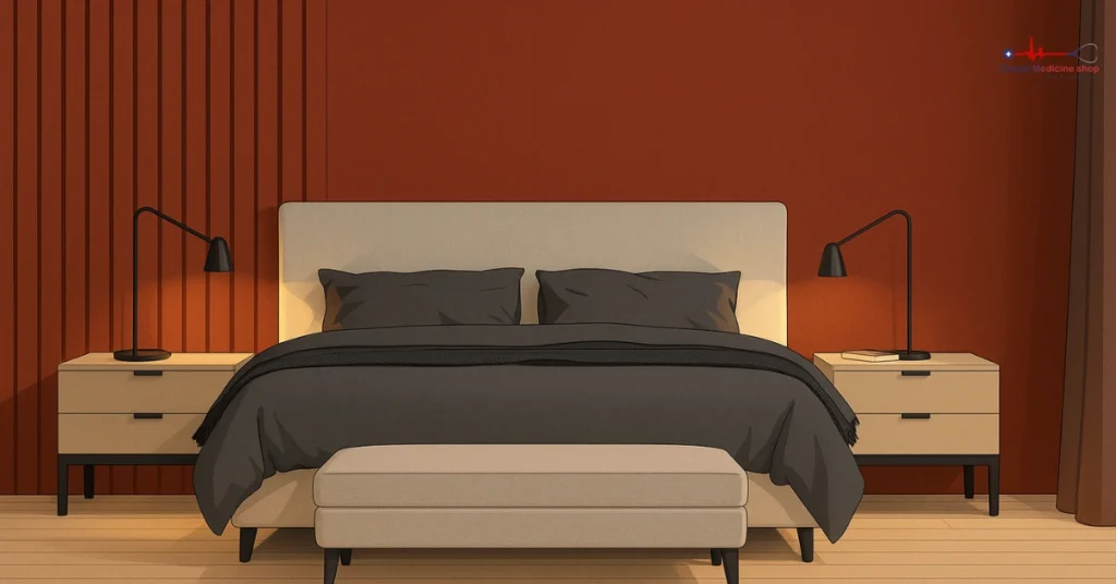 Bedroom with deep red accent wall and textured wallpaper