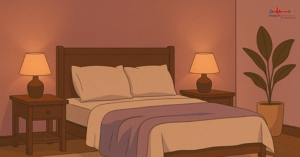 Romantic bedroom with dim rose-toned lamps