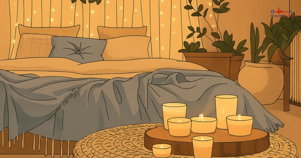 Romantic bedroom setup with candles and pillows for intimacy