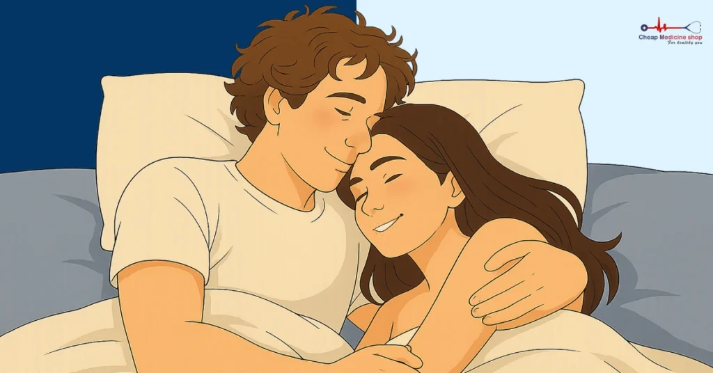 Couple cuddling in bed before trying new positions