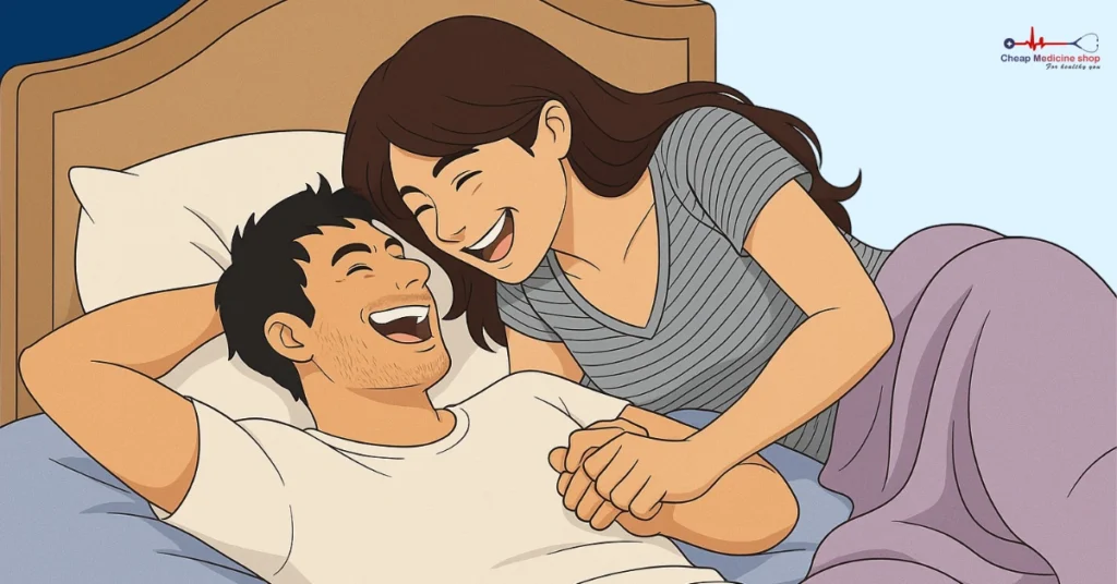 Couple laughing in bed, enjoying playful intimacy