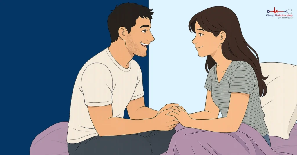 Couple talking face-to-face on bed about sex