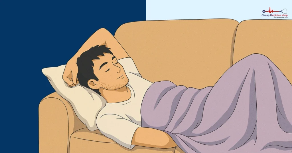Person napping on sofa with blanket