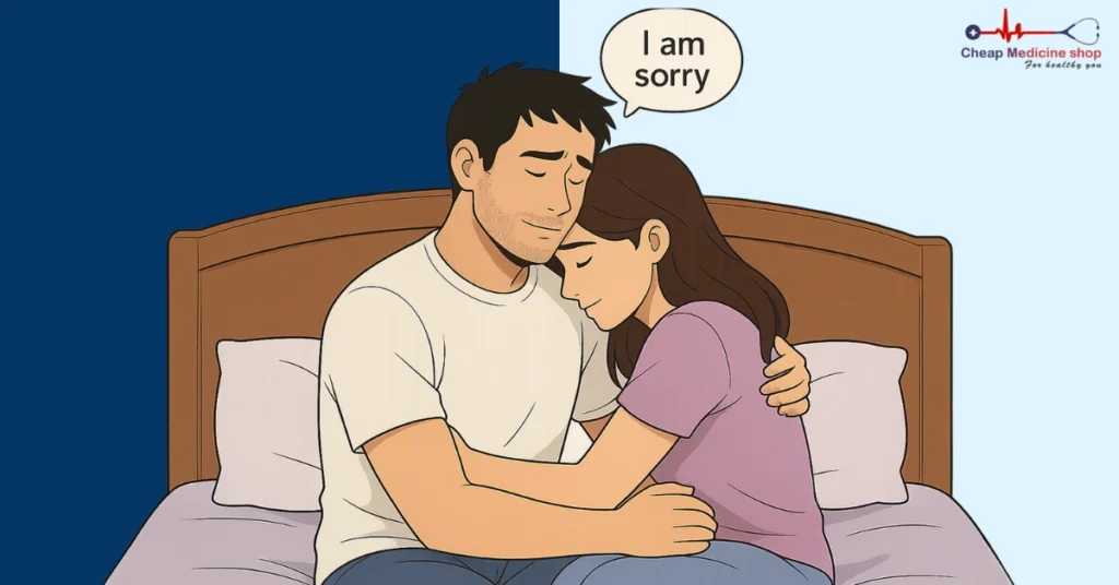Partners hugging on a bed during an apology